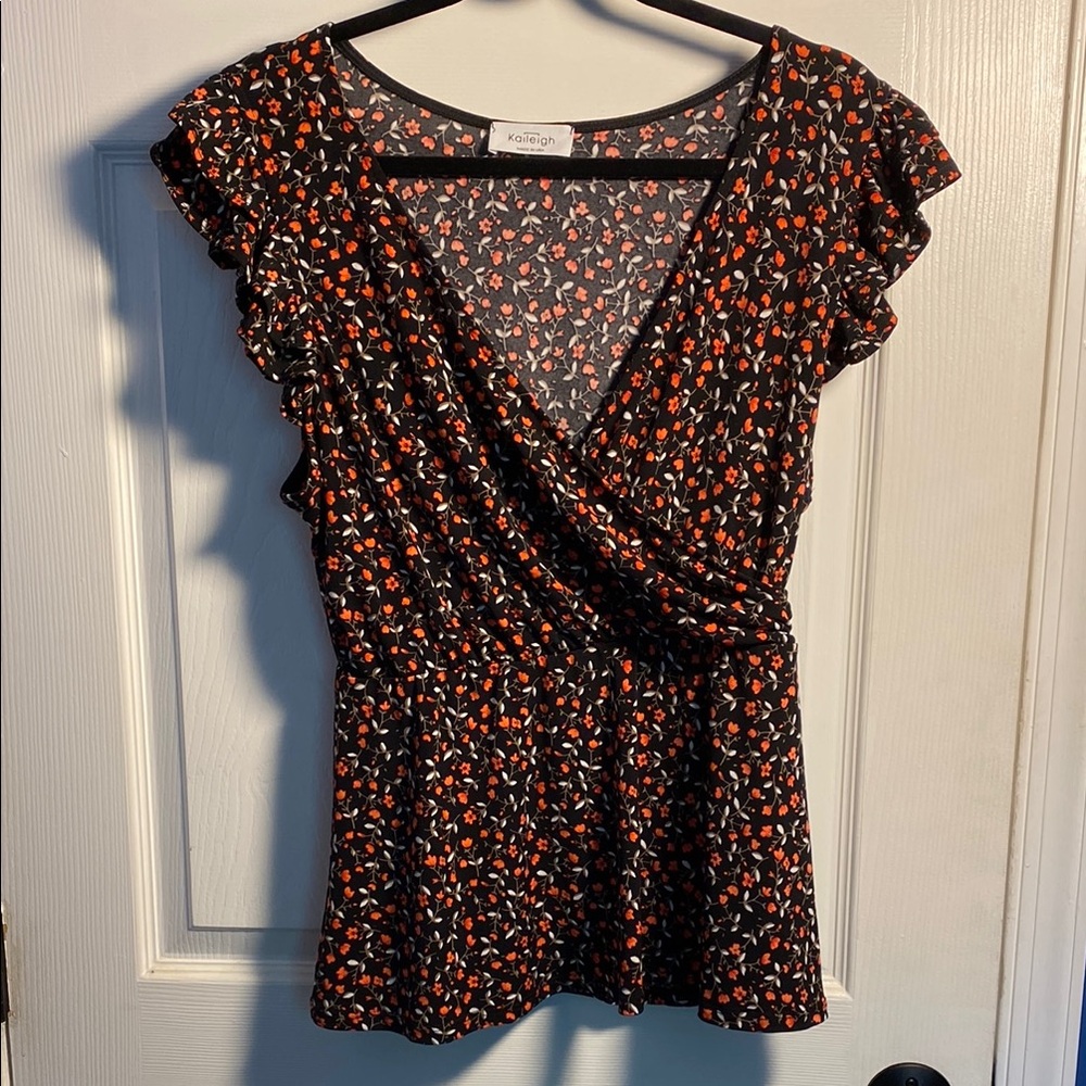 Kaileigh Floral Flutter Cap Sleeve Wrap Blouse XL